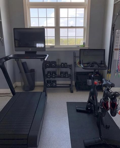 Peloton Gym Inspiration | Where Peloton Members Keep Their Bikes and Treads 4am Workout, Peloton Gym, Peloton Home Gym, Peloton Room Ideas, Small Workout Room, Peloton Room, Gym Basement, Gym House, Small Home Gyms