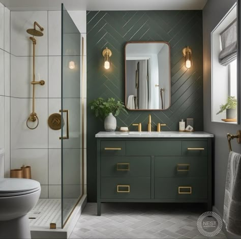 Downstairs Shower Room Ideas, Bathroom With Green Walls, Paneled Bathroom, Green And Gold Bathroom, Green Vanity, Nest Design, Bathroom Tile Designs, Floor Bathroom, Primary Bathroom