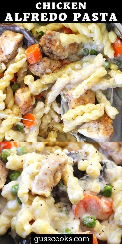 Chicken Alfredo Pasta – creamy and cheesy pasta with peas, carrots and fresh mushrooms. This easy to make pasta recipe is delicious and packed with flavor. Chicken And Veggie Alfredo, Alfredo Pasta Recipes With Vegetables, Chicken Alfredo Pasta With Veggies, Chicken Alfredo With Vegetables, Chicken Vegetable Alfredo Pasta, Chicken Alfredo Pasta With Peas, Chicken Alfredo Pasta With Mushrooms, Pasta With Peas And Carrots, Easy To Make Pasta