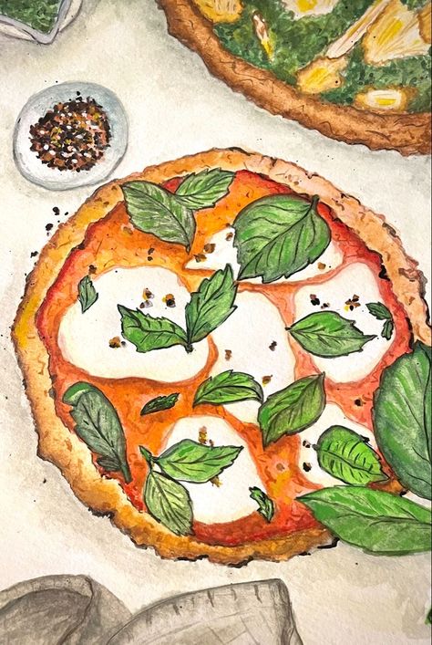 Pizza Watercolor Painting, Food Watercolour Painting, Italian Food Painting, Italian Paintings Easy, Food Illustration Art Watercolour, Meal Illustration, Pizza Painting, Pizza Watercolor, Watercolour Food