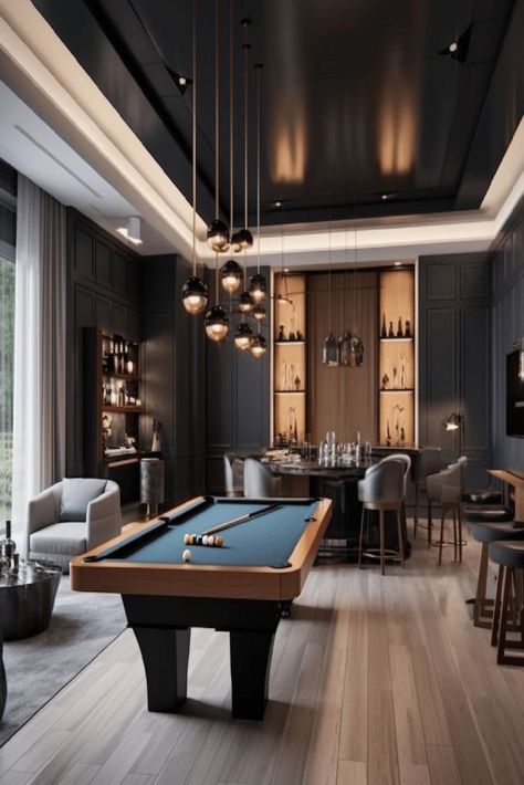 Bar Lounge Room Ideas House Modern, Lounge Bar Interior Design Home, Luxury Home Bar Room, Chic Pool Table Room, Entertainment Bar Room, Chic Modern Interior Design, Modern Luxury Game Room, Modern Classic Game Room, Entertainment Living Room Ideas