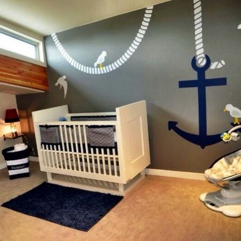 Nautical nursery by me! Nautical Nursery Mural, Lighthouse Nursery, Marine Nursery, Painted Anchor, Baby Boy Nursery Room Ideas, Nautical Baby Room, Nursery Room Ideas, Nautical Nursery Boy, Nursery Nautical