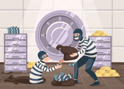 Cartoon Bank Robbery Robbing A Bank Aesthetic, Robber Illustration, Atm Bank, Bank Vault, Bank Safe, Annual Leave, Bank Robber, Easy Cartoon Drawings, Bank Robbery