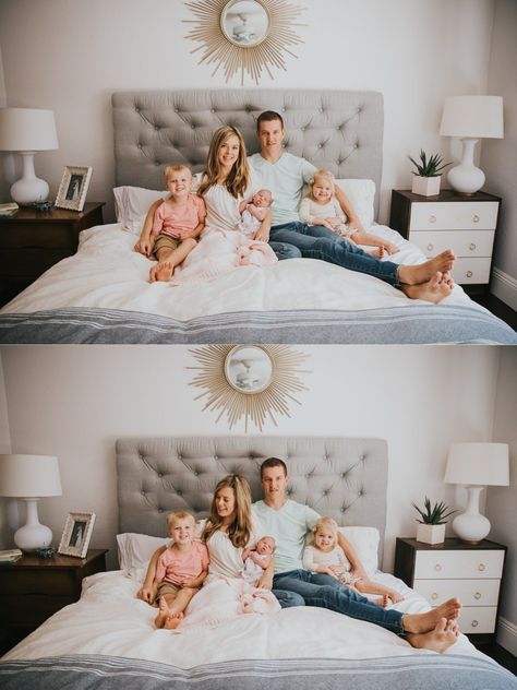 Newborn Family Pictures Bedroom, In Bed Family Photoshoot, Family Photo Bed, Family Photoshoot On Bed, Family Pictures In Bed, Family Photo On Bed, Newborn Family Bedroom Photos, Bedroom Family Photoshoot Ideas, Family Photoshoot Bedroom