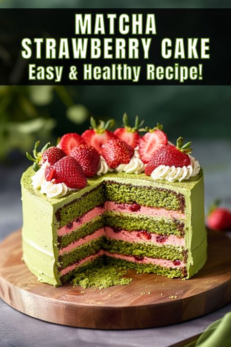 Easy Matcha Strawberry Cake - A Sweet and Healthy Delight! Matcha Cake Recipe Easy, Strawberry Matcha Cheesecake, Matcha Raspberry Cake, Macha Dessert, Matcha Cake Decoration, Matcha Cake Aesthetic, Saturday Appetizers, Strawberry Matcha Cake, Matcha Strawberry Cake