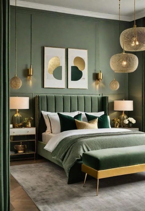 Green Walls With Gold Accents, Earthy Tone Bedroom Aesthetic, Green Bedroom Design Ideas, Green Colorful Bedroom, Green Bed Decor Ideas, Sage Green Bedroom Ideas Inspiration, Green Wall Room Decor, Green Bed Design, Green Interior Bedroom