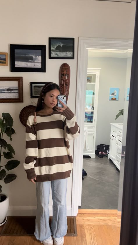 Brown And White Knitted Sweater, Brown Brandy Sweater, Brown White Striped Sweater, Brandy Briana Sweater, Brown And White Striped Sweater Outfit, Brown And White Striped Sweater, Brown Striped Sweater Outfit, Brown And White Sweater Outfit, Brown Sweater Outfit Aesthetic