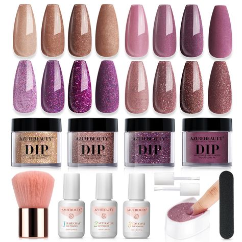 PRICES MAY VARY. 【12Pcs Complete Dip Powder Nail Kit】 AZUREBEAUTY 2024 dip nails powder starter kit includes 4*10g all with flash nail dip powder set with light brown glitter、deep brown glitter、light purple glitter、deep purple glitter, 3*10ml liquid set (base coat/activator/top coat), 2*liquid brush replacement, 1*nail brush,1*nail file, 1*dip powder recycling system, User Manual Quick Start Guide 【Easy to Use & No Need Nail Lamp Curing】 AZUREBEAUTY dip powder nail starter kit doesn't need a nai Azurebeauty Dip Powder, October Nail Ideas, Nails Powder, Brown Glitter, Fall Nail Trends, October Nails, Dip Nails, French Nail Art, Nail Dip