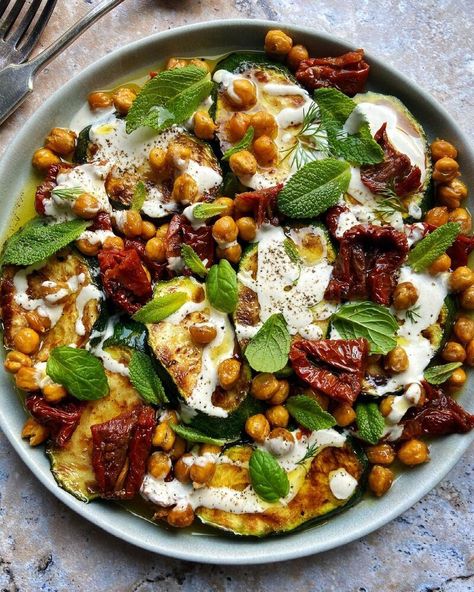 Grilled Zucchini with Roasted Chickpeas by boroughchef | Quick & Easy Recipe | The Feedfeed Grilled Zucchini Salad, Tahini Vinaigrette, Roast Chickpeas, Grilled Courgette, Weekend Recipe, Chickpea Recipes Roasted, Yoghurt Dressing, Roast Zucchini, Zucchini Salad