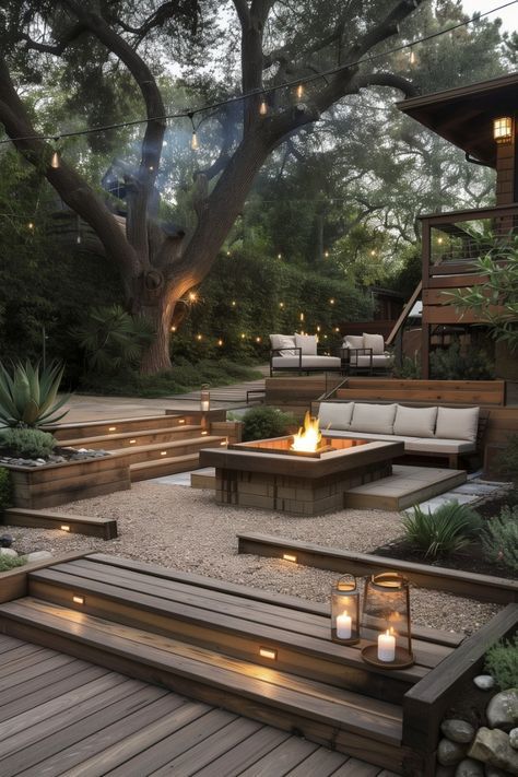 Outlook Terraced Deck Ideas, Entertainment Backyard Ideas, Entertainment Garden, Zen Backyard Ideas, Fire Pit Deck, Hillside Deck, Cabin Backyard, Backyard Deck Ideas, Steel Decor