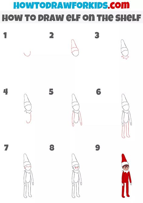 How to Draw Elf on the Shelf - Easy Drawing Tutorial For Kids Draw Elf On A Shelf, How To Draw An Elf Step By Step, How To Draw An Elf, Easy Elf Drawing, Elf On The Shelf Drawing, Elf Sketch, Shelf Drawing, Elf Drawing, Draw Christmas