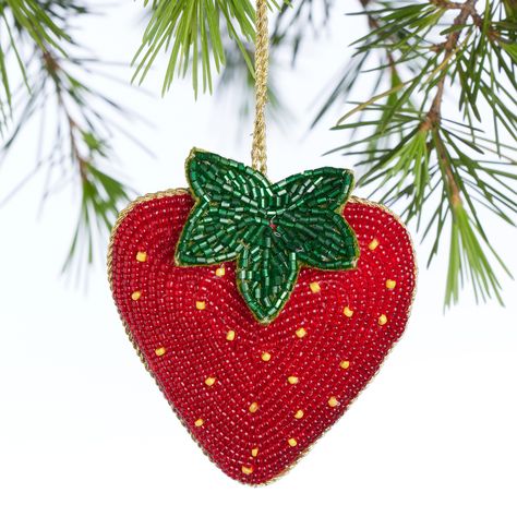 Fabric Beaded Strawberry Ornament - World Market Beaded Strawberry, Beadwork Embroidery, Embroidery Christmas, Bead Embroidery Patterns, Fabric Beads, Beaded Ornaments, Bead Embroidery, World Market, Xmas Gifts