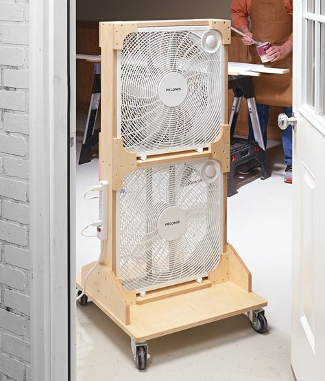 Keep your shop cool and well ventilated with this shop built fan tower. Box Fan Stand Diy, Box Fan Stand, Garage Fan Ideas, Diy Storage Tower, Wood Working Tools, Fan Stand, Garage Workshop Organization, Diy Woodworking Projects, Shop Fan