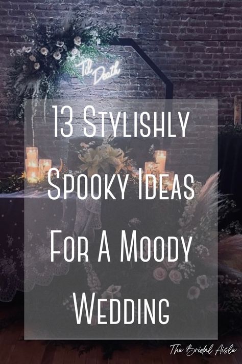 Getting married on Friday the 13th, Halloween or just in October? Check out these ideas of 13 spooky ideas for your wedding without compromising elegance #wedding #bridetobe #fallwedding #halloweenwedding #gothicwedding #moodywedding #brialblog #weddingblog #tildeathdouspart Subtle Halloween Wedding Decor, Dark And Moody Wedding Diy, Small Black Wedding Ideas, Moody Halloween Wedding, Friday The 13 Wedding Ideas, Goth Wedding On A Budget, Halloween Wedding Welcome Sign, Spooky Forest Wedding, Boho Halloween Wedding