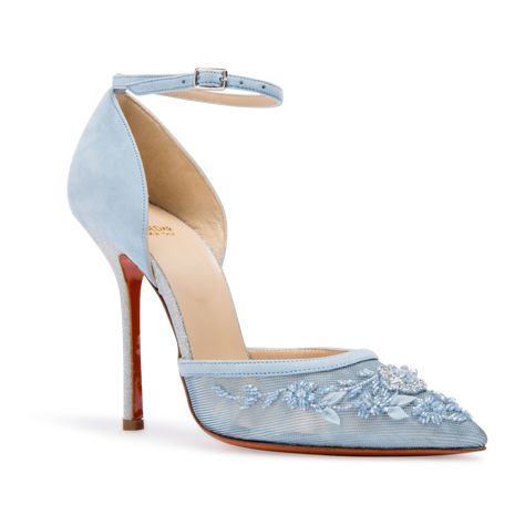 Soebedar "Dona Pump” in light-blue suede and blue mesh, featuring floral embroidery, a pointed toe, a buckled ankle strap and a very high sparkling-silver heel | from Soebedar.eu | April 2018 Blue Bride Shoes, Gold Heels Prom, Light Blue Heels, Princess Heels, Light Blue Shoes, Straps Heels, Blue Bride, Prom Heels, Blue Pumps