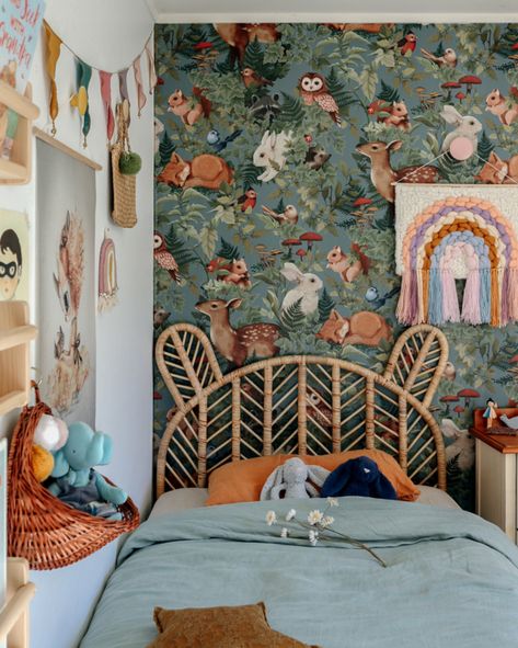 Fleur Harris Bali Bedroom, Small Room Nursery, Creative Kids Rooms, Woodland Wallpaper, Kids Bedroom Inspiration, Storage Kids Room, Pastel Decor, Kids Room Inspiration, Beautiful Nursery