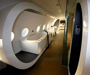 airplane-hotel-suite-bathroom-redesign-interior-design Plane Interior Design, Private Plane Interior, Airplane Hotel, Plane Interior, Leather Interior Design, Airplane Interior, Unusual Hotels, Luxury Private Jets, Urban Apartment