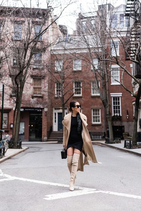 Restyling Classics. Neutral tones in a camel coat and over the knee boots, paired with a little black dress! Cream Boots Outfit, Spidey Sona, Beige Boots Outfit, Camel Coat Outfit Casual, Asos Black Dress, Long Beige Coat, Gemini Hair, Camel Coat Outfit, Black Dress Coat