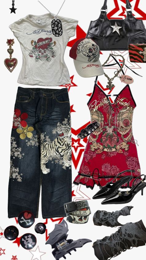 Channel bold, rebellious energy with this Ed Hardy outfit collage. Featuring iconic tattoo-inspired graphics, vibrant colors, and edgy details, this look captures the essence of early 2000s streetwear with a modern twist. Perfect for fans of Y2K fashion, statement pieces, and bold designs that exude confidence and individuality. Let this collage inspire your next outfit or creative project with a touch of nostalgic flair. Early 2000s Streetwear, Bold Colors Fashion, Ed Hardy Outfit, 2000s Fits, Edhardy Y2k, Mcbling Fashion, Outfits Colorful, Vibrant Outfits, 2000s Streetwear