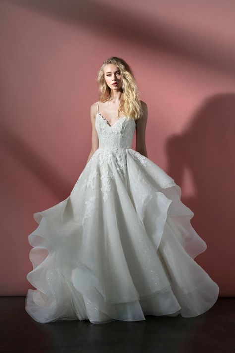 Style 12100 Scout Blush by Hayley Paige bridal gown - Ivory lace and sparkle tulle ball gown, spaghetti strap sweetheart bodice and corset-laced cut out back, cascading sparkle tulle and organza skirt with lace appliqué and cashmere lining. Unique Ball Gown Wedding Dress, Hayley Paige Wedding, Hayley Paige Dress, Tulle Ball Gown Wedding Dress, Hayley Paige Bridal, Blush By Hayley Paige, Hayley Paige Wedding Dress, Bella Bridal, Hayley Paige