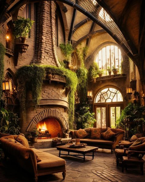 Cozy Fantasy Living Room, Enchanted House Decor, Castle Aesthetic Living Room, Cozy Castle Interior, Fantasy Castle Living Room, Fantasy Common Room, Fantasy Room Design, Hobbit Living Room, Fantasy Home Interior