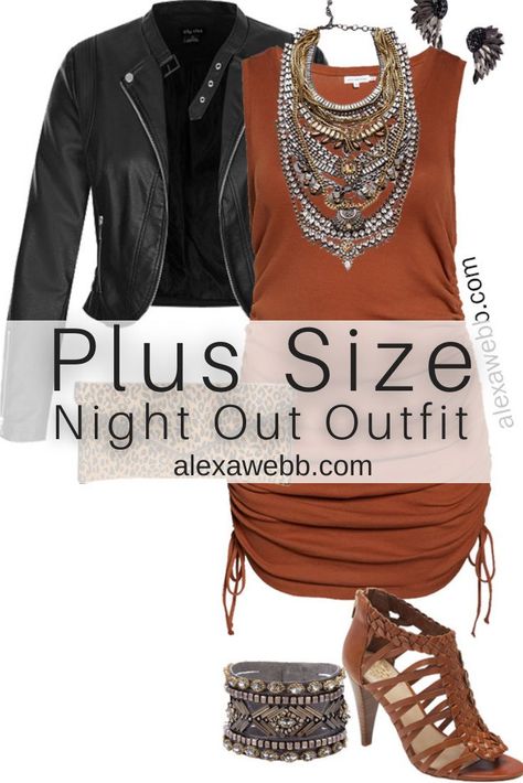 Plus Size Brown Tank Dress Outfits - Night Out Outfit with Rust Brown Tank Dress, Cropped Faux Leather Moto Jacket, Leopard Clutch, and Statement Necklace - Alexa Webb Fall Night Out Outfit Bar Plus Size, Outfits For Going Out To A Bar Plus Size, Size 16 Going Out Outfit, Fancy Date Night Outfit Plus Size, Plus Size Suede Skirt Outfit, Night Out Outfit Plus Size Going Out, Las Vegas Outfit Fall Plus Size, Plus Size Going Out Outfits Night Casual, Plus Size Fancy Dinner Outfit