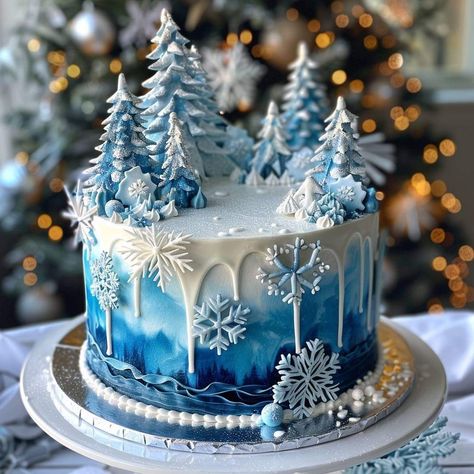 Snowflake Cake Design, Snow Cake Birthday, Winter Theme Birthday Cake, Blue Christmas Cake, Winter Birthday Cake Ideas, Winter Wonderland Cake Ideas, Winter Wonderland Birthday Cake, Christmas Themed Cakes, Snowflake Cakes