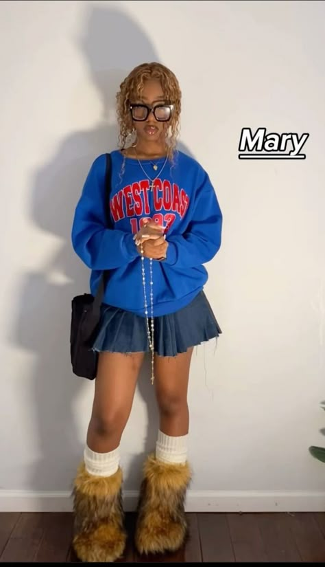 Fur Boots Mini Skirt Outfit, Fits With Denim Skirt, Fur Boots Outfit Skirt, Homecoming Fits Hbcu, Ghoe Ncat Outfits, Fall Outfits Women Shein, Bobby Jack Outfit, Fall Amusement Park Outfit, Cute Simple Date Outfits