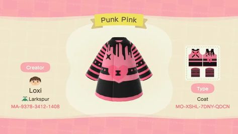 Punk Pink Draculaura Animal Crossing, Punk Animal Crossing Clothes, Animal Crossing Fashion Goth, Animal Crossing Pastel Goth, Acnh Pastel Goth, Animal Crossing Pink, Animal Crossing Pink Dress, Clothes Codes, Pink Goth