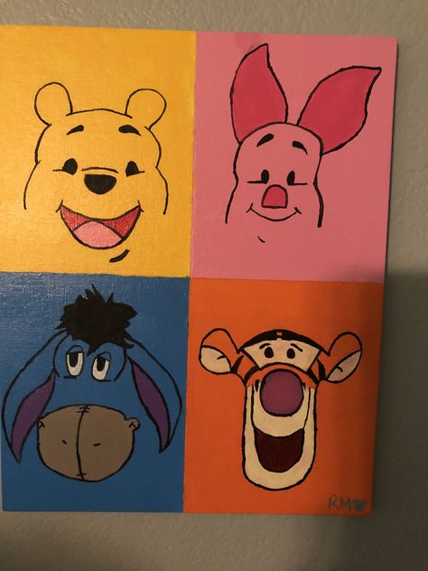 Canvas painting Cartoons On Canvas, Easy Paintings Cartoons, Painting Characters On Canvas, Fun Stuff To Paint, Cute Paintings Disney, Disney Painting Ideas Easy, Cute Painting Ideas On Canvas Easy Disney, Simple Paintings Cartoon, 4 Paintings On 1 Canvas