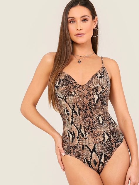 Snakeskin Bustier Cami Bodysuit | SHEIN USA Summer Bodysuits, Cami Bodysuit, Satin Lingerie, Snakeskin Print, Shein Style, Cami Dress, Womens Bodysuit, I Dress, Snake Skin