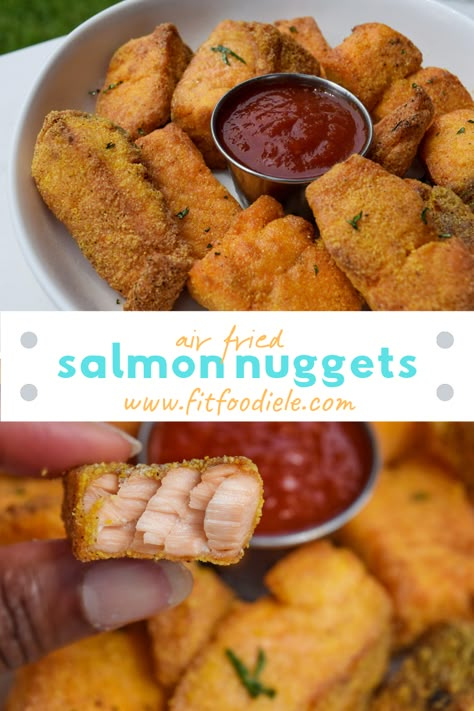 Fried Salmon Recipes Air Fryer, Fried Salmon Dinner Ideas, How To Fry Salmon, Airfryer Salmon Bites, Salmon Bites Recipes, Salmon Fried, Salmon Nuggets Air Fryer, Air Fry Salmon Bites, Fried Salmon Nuggets Recipe