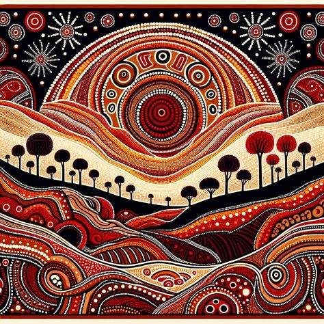 This striking digital art piece captures the essence of the Australian outback through the traditional Aboriginal dot painting technique. Dominated by a warm palette of burnt orange and deep red, the artwork showcases intricate patterns and symbols that are characteristic of Aboriginal culture. Perfect for adding an ethnic and tribal touch to any space, this piece resonates with the spirit and beauty of Australia's indigenous heritage. Resolution: 300 ppi Dimensions: 1024x1024 pixels Abstract Indigenous Art, Aboriginal Patterns Design, Aboriginal Dot Painting Ideas, Pattern Painting Ideas, Australia Aboriginal Art, Aboriginal Art Australian, Indigenous Pattern, Dotted Art, Aboriginal Symbols