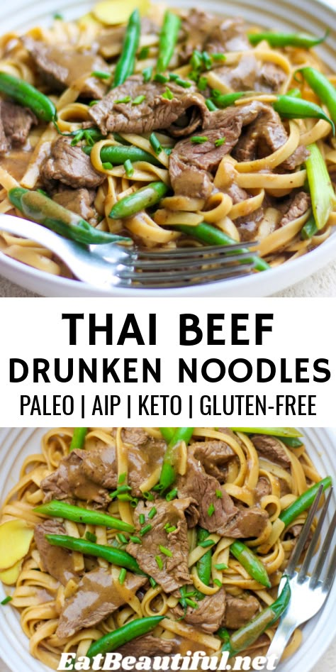 Paleo AIP Thai Beef Drunken Noodles are a quick 4-step recipe. You'll love this beefy, satisfying dinner with awesome Thai ingredients and flavors. Garnish with fresh basil. | Eat Beautiful | drunken noodles | recipe | paleo | aip | keto | gluten free | whole30 | thai || #drunkennoodles #thai #paleo #aip #keto #glutenfree Aip Thai Recipes, Paleo Thai Recipes, Aip Marinades, Aip Asian Recipes, Aip Keto, Quick Aip Dinner, Thai Keto Recipes, Aip Dinner Party Recipes, Keto Thai Recipes