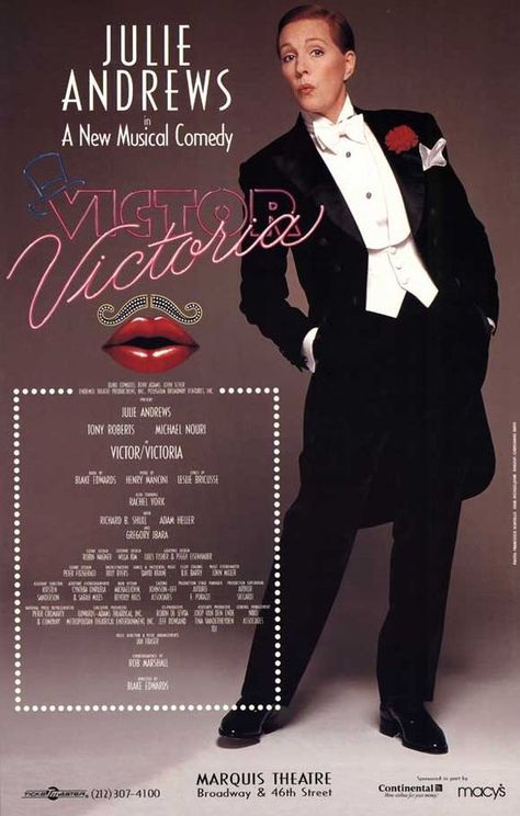 'Victor Victoria', 1982 - In 1934 Paris, trained coloratura soprano Victoria Grant, a native Brit, can't get a job as a singer & is having trouble making ends meet. She doesn't even have enough money for the basics of food & shelter. Gay cabaret singer Carole 'Toddy' Todd may befall the same fate as Victoria as he was just fired from his singing gig at a second rate club named Chez Lui. To solve their problems, Toddy comes up with an inspired idea - Victoria becomes Victor Grazinski. Victor Victoria Movie, Julia Andrews, Victoria Movie, Michael Nouri, Broadway Poster, Broadway Posters, Victor Victoria, Blake Edwards, Henry Mancini