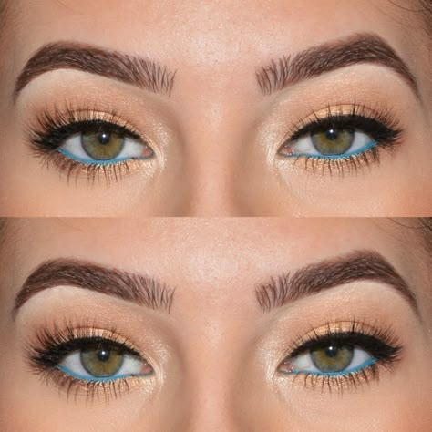 Different Color Waterline, Turquoise Under Eye Makeup, Light Blue Waterline Makeup, Natural Teal Makeup Looks, Waterline Eyeshadow Looks, Turquoise Eye Makeup Simple, Teal Eyeliner Blue Eyes, Blue Eyeliner On Waterline, Colored Eyeliner Waterline