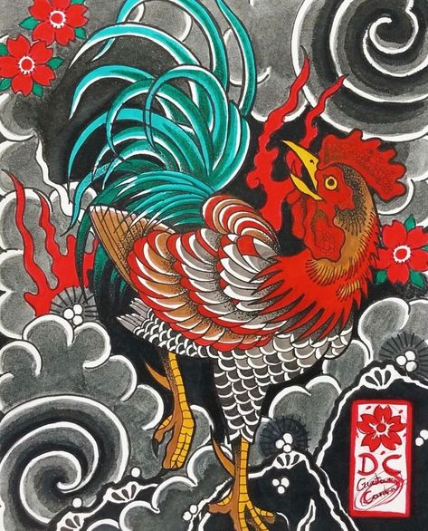 Rooster Tattoo Japanese, Japanese Rooster Tattoo, Japanese Bird Tattoo, Myanmar Tattoo, Japanese Sleeves, Japanese Irezumi, Chicken Tattoo, Rooster Tattoo, Cool Tattoo Drawings