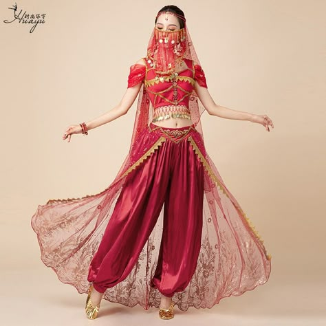 Indian Dance Outfit, Genie Outfit Ideas, Arabian Dancer Outfit, Arabian Princess Dress, Genie Outfit, Arabian Princess Costume, Belly Dance Practice, Belly Dancer Outfits, Jasmine Princess