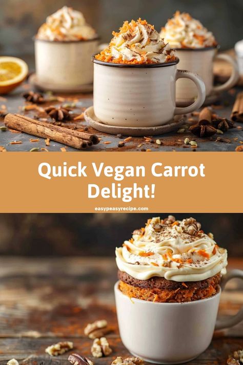 Vegan carrot cake mug cakes topped with creamy frosting and garnished with carrot shreds, surrounded by spices. Vegan Cake In A Mug, Carrot Cake Mug Cake, Chocolate Chip Mug Cake, Vegan Cream Cheese Frosting, Vegan Carrot Cake, Easy Zucchini Recipes, Mug Cake Recipe, Cake Mug, Vegan Carrot Cakes