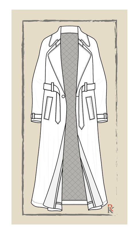 Winter coat flat technical illustration work Trench Coat Illustration, Trench Coat Technical Drawing, Long Coat Drawing, Coats Illustration, Coat Flat Sketch, Open Trench Coat, Long Denim Coat, Smart Coat, Long Coat Men