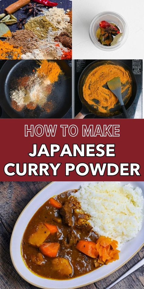 Step-by-step guide to making Japanese curry powder from whole spices to a hearty curry dish, emphasizing rich colors and textures. Homemade Japanese Curry, Japanese Curry Recipe, Easy Asian Dishes, Diy Spice Mix, Japanese Spices, Asian Spices, Easy Japanese Recipes, Japanese Curry, Powder Recipe