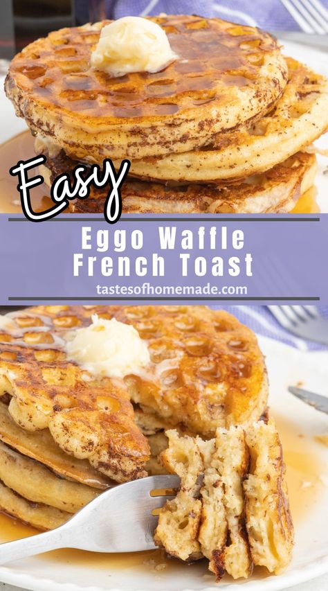 Frozen waffle French toast is a quick and easy breakfast that combines two popular breakfast foods: waffles and French toast!  These delicious French toast waffles come together quickly and easily with just a few ingredients.  The fluffy, golden brown French toast is lightly sweet with a taste of cinnamon.  They are the perfect breakfast any day of the week. Eggo French Toast Waffles, Frozen Pancake Ideas, Toaster Waffles Ideas, Waffle French Toast, Farmers Breakfast, French Toast Batter, French Toast Pancakes, Perfect French Toast, French Toast Waffles