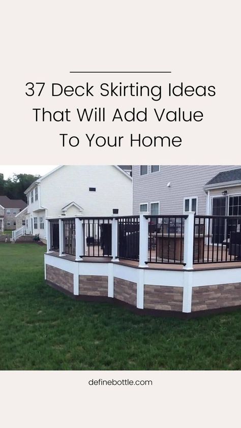 Under Pinning Ideas House, Under Pinning For Deck, High Front Porch Ideas, Skirting For Decks, Ideas For Under Deck Space, Tall Deck Skirting Ideas, Pier And Beam House Skirting, Deck Trim Ideas, Deck Skirting Ideas Cheap