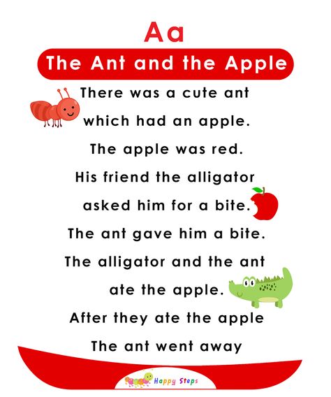 The Ant and the Apple - Alphabet Stories for kids - Letter A Alphabet Stories, Comprehension Kindergarten, Small Stories For Kids, Ingles Kids, Phonics Assessments, Apple Alphabet, Phonics Reading Passages, English Stories For Kids, Kindergarten Reading Activities