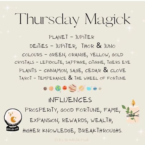 @mysticwitchofthemoon on Instagram: "Thursday magic by @eclecticwitcheryuk . . . . #wiccansofinstagram #witchlife #witchesofinstagram #witch #witchcraft #wicca #wiccan #pagan #spiritual #spiritualawakening #Spirituality #witchessociety #witchytips #magic #babywitch #beginnerwitch" Thursday Magical Correspondences, Thursday Magickal Correspondences, Thursday Witchcraft, Witchy Thursday, Thursday Witch, Witch Correspondence, Thursday Magick, Daily Witchcraft, Wiccan Journal