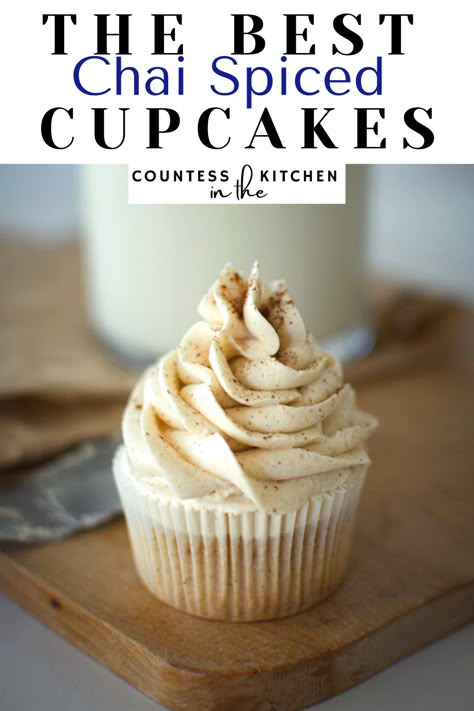 A chai spiced cupcake on a platter, with a buttercream swirl. Chai Cupcake Recipe, Chai Latte Cupcakes, Spiced Cupcakes, Chai Cupcakes, Chai Cake, Spice Frosting, Cupcake Recipes From Scratch, Cupcakes Filled, Tea Cup Cake