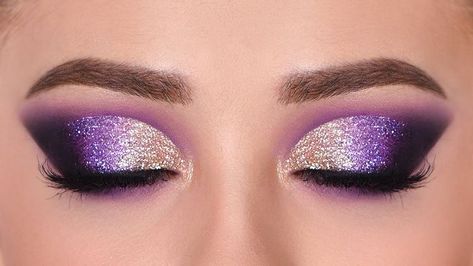 Glitter Smokey Eye Makeup, Makeup Hooded Eyes, Carnaval Make-up, Teknik Makeup, Purple Makeup Looks, Glitter Smokey Eye, Make Up Gold, Make Up Designs, Video Makeup