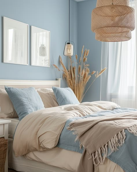 Light Blue Cream Bedroom, Shades Of Blue Room Ideas, Small Calm Bedroom, Light Blue Beige Bedroom, Small Pastel Bedroom, Cream And Light Blue Bedroom, Blue And Sand Bedroom, Guest Room Color Ideas, Bedroom Ideas Color Palettes