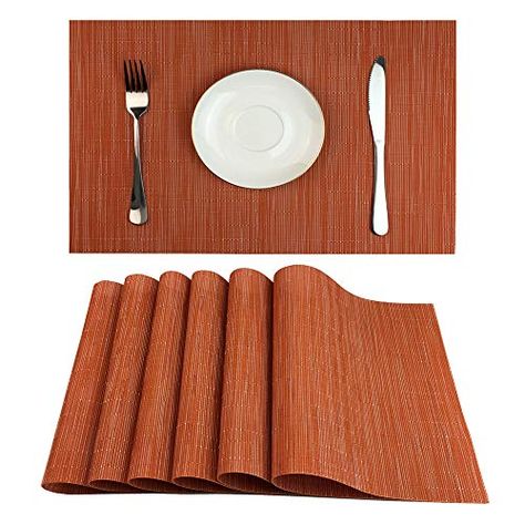 WAZAIGUR Placemats Set of 6 for Dining Table Heat-Resistant Washable Place Mats Woven Vinyl Kitchen Table Mats Easy to Clean,Orange Eating Table, Woven Placemats, Linen Textile, Place Mats, Gardening For Kids, Placemat Sets, Pvc Material, Gold Fashion, Table Mats