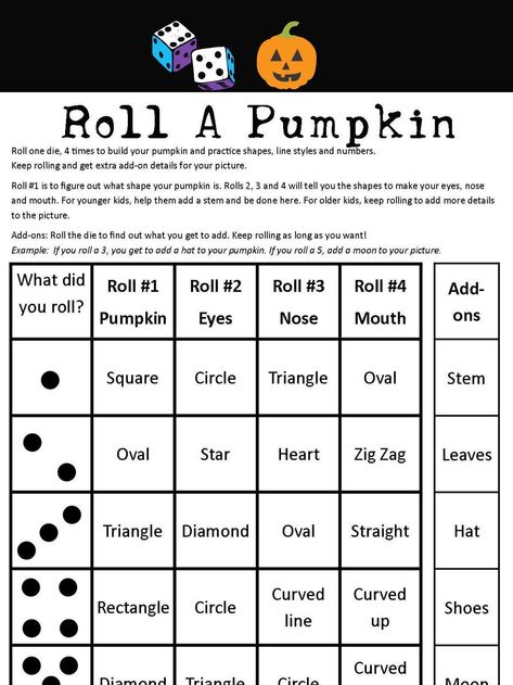 Roll a pumpkin drawing game. Great for PreK through elementary! Practice counting using dice. Practice shapes, line styles, directional words and more! Practice drawing basic shapes. Great fine motor skill practice!  You can even write specific colors on the game to make it fun color practice. Item is a black and white, 2 page, PDF file for standard 8.5 x 11 computer paper. Print this as many times as you like and have fun drawing with your little one! Fall Festival Activities, Easy Halloween Games, Halloween Activity Sheets, Pumpkin Games, Happy Home Fairy, Classroom Halloween Party, October Activities, Pumpkin Drawing, Rolling Dice